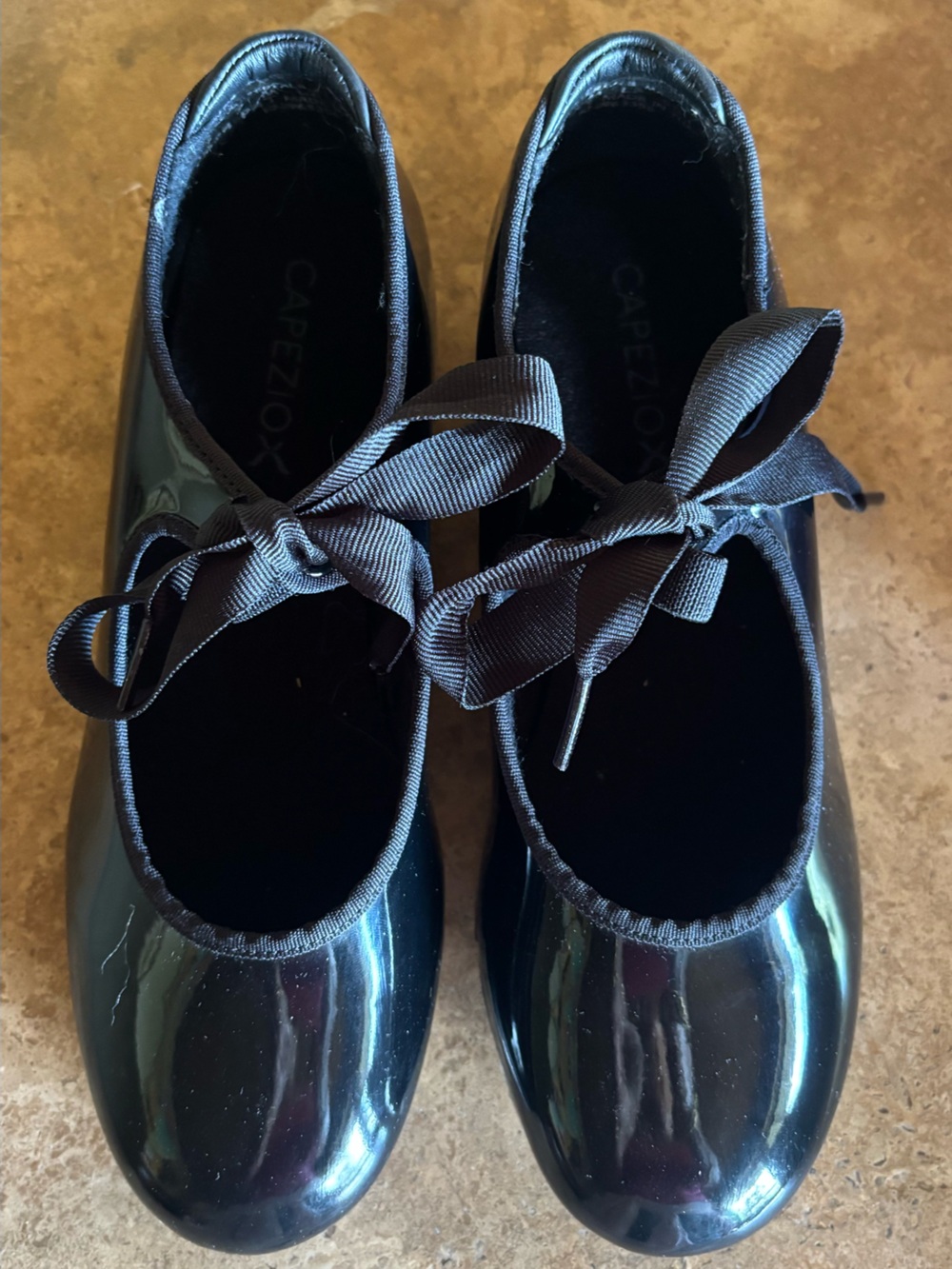 Capezio Girls Black Patent Tap Dance Shoes with Grosgrain Ribbon